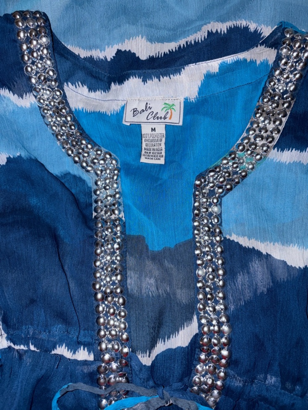 Tie-Dye V-Neck Swim Coverup with Embellished Metallic Trim M - Picture 4 of 5